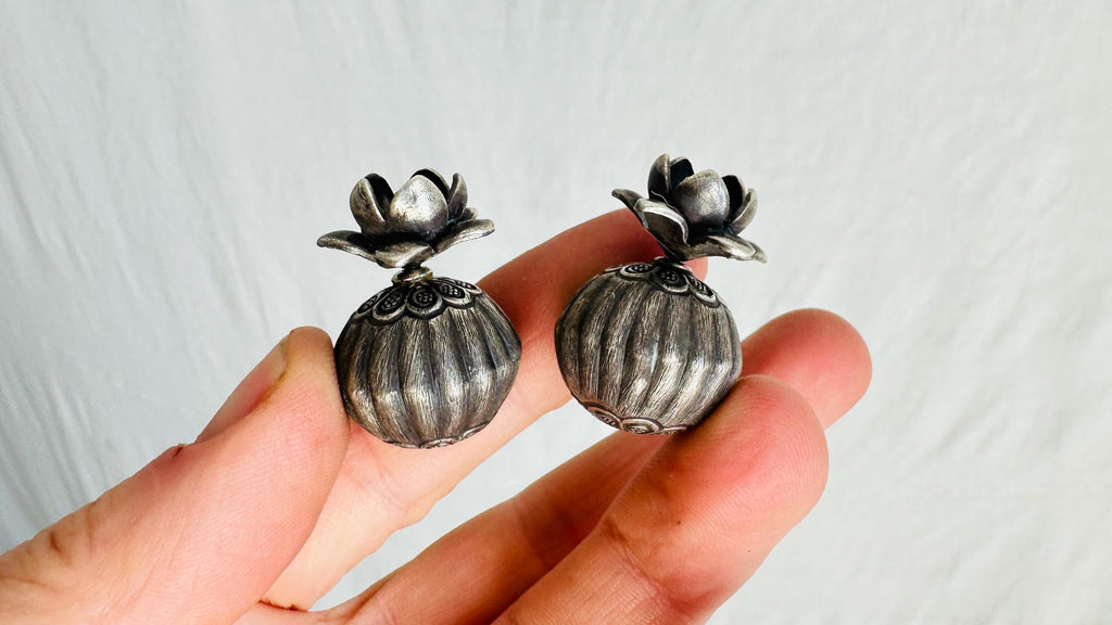 Silver Flower Barbell Earrings. Sterling Silver Handmade Jewelry from Thailand. 2529