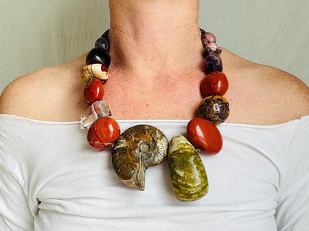 Skully Red Jasper, Mookaite, Ammonite Necklace. Designer Sterling Silver Jewelry.