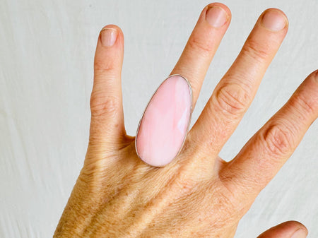 Oversized Pink Opal Cocktail Ring | Handmade Adjustable Sterling Silver | Unique Gemstone Jewelry. 0680