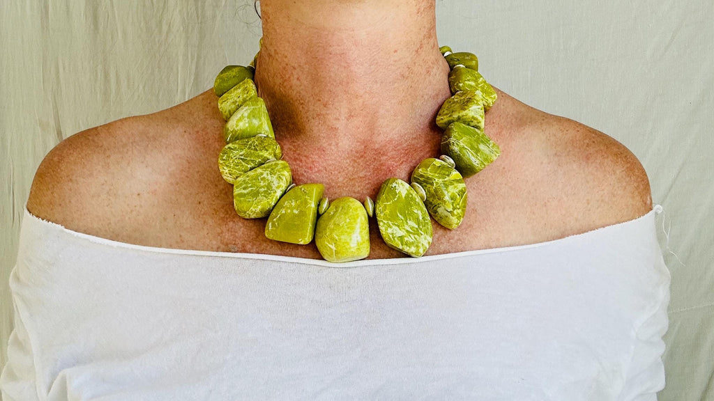 Green Serpentine Necklace. Large Organic Shapes with Handmade Sterling Silver Beads.