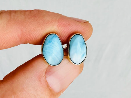 Larimar & 18K Gold Earrings. Stud. Comfort Ball Back. 1151