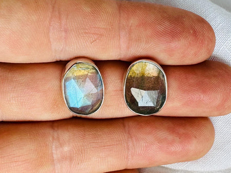 Labradorite Post Earrings. Flashy Blue Stone. Handmade Sterling Silver Jewelry. Small Gift for Her. AP-585