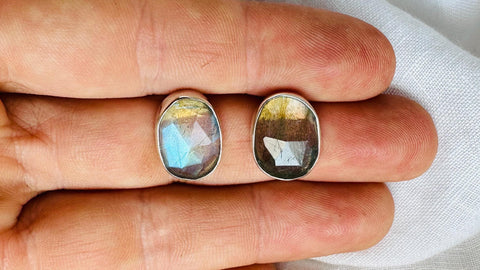 Labradorite Post Earrings. Flashy Blue Stone. Handmade Sterling Silver Jewelry. Small Gift for Her. AP-585