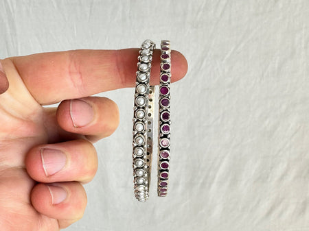 Pearl, Ruby & Sterling Silver Bangles Duo. India. 0893