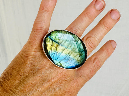 Faceted Labradorite Cocktail Ring. Adjustable Sterling Silver Jewelry. Gorgeous Flash. 4013