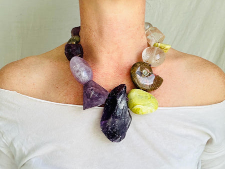 Amethyst, Ammonite & Gemstone Necklace.Handmade Designer Jewelry. Atelier Aadya.