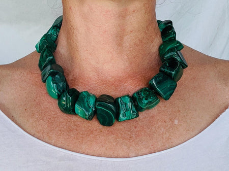 Malachite Beaded Necklace. Chunky Natural Malachite. Handmade Designer Jewelry. 2866