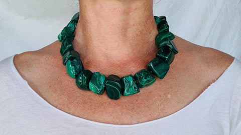 Malachite Beaded Necklace. Chunky Natural Malachite. Handmade Designer Jewelry. 2866