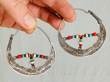 Vintage Uzbek Hoop Earrings. Bukhari Silver and Pearl Earrings. 4115