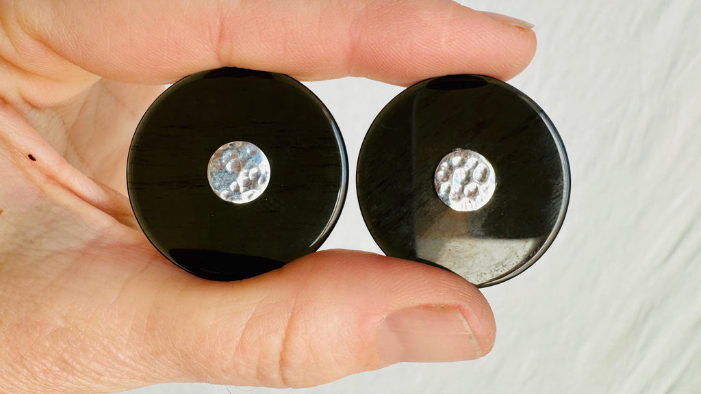 Obsidian Disk Earrings. Sterling Silver Posts. Handmade in Guatemala. Mayan Jewelry. 4051
