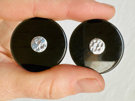 Obsidian Disk Earrings. Sterling Silver Posts. Handmade in Guatemala. Mayan Jewelry. 4051