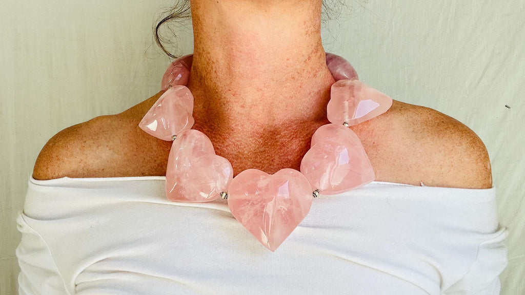 Rose Quartz Heart Necklace. Maximalist Designer Jewelry. Handcrafted with Sterling Silver. 4099