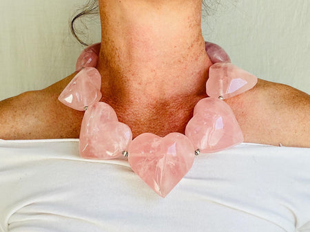 Rose Quartz Heart Necklace. Maximalist Designer Jewelry. Handcrafted with Sterling Silver. 4099