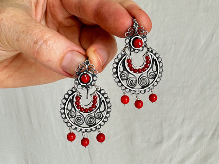 Oaxacan Filigree Earrings with Coral. Sterling Silver. Mexico. Frida Kahlo. 1182