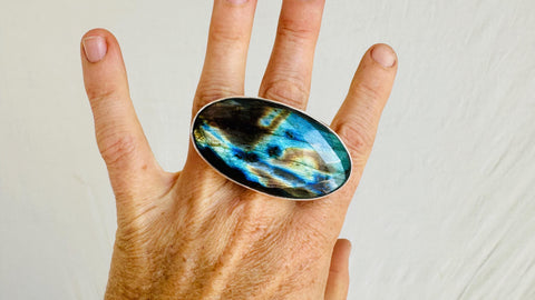 Sterling Silver Labradorite Ring | Adjustable Ring with Gorgeous Flash | Chunky Mystical Jewelry. 4303