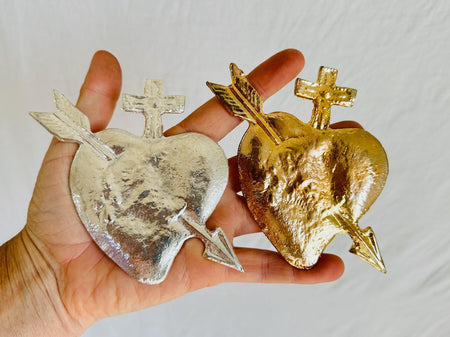 Hand Cast Milagro Hearts for Altar or Decoration. Gold and Silver. 0964