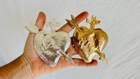 Hand Cast Milagro Hearts for Altar or Decoration. Gold and Silver.
