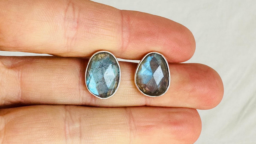 Labradorite Post Earrings. Flashy Blue Stone. Handmade Sterling Silver Jewelry. Small Gift for Her. 0916