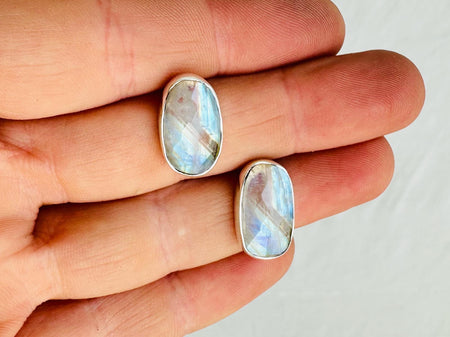Rainbow Moonstone Post Earrings. Handmade Sterling Silver Jewelry. Small Gift for Her. 0908
