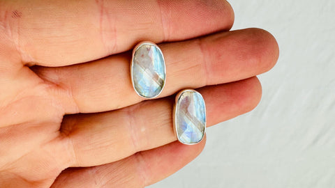 Rainbow Moonstone Post Earrings. Handmade Sterling Silver Jewelry. Small Gift for Her. 0908