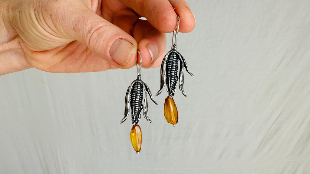 Corn Earrings. Maize. Hand Cast. Sterling Silver & Amber. Mexico. Flor Maria. 4160