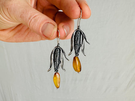 Corn Earrings. Maize. Hand Cast. Sterling Silver & Amber. Mexico. Flor Maria. 4160
