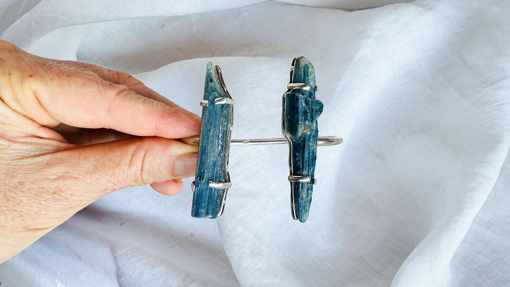 Chunky Kyanite Sterling Silver Bracelet. Handmade Maximalist Brutalist Jewelry.