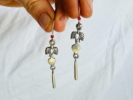 Sterling Silver Earrings. Cast Winged Heart Earrings with Dangle. 4421