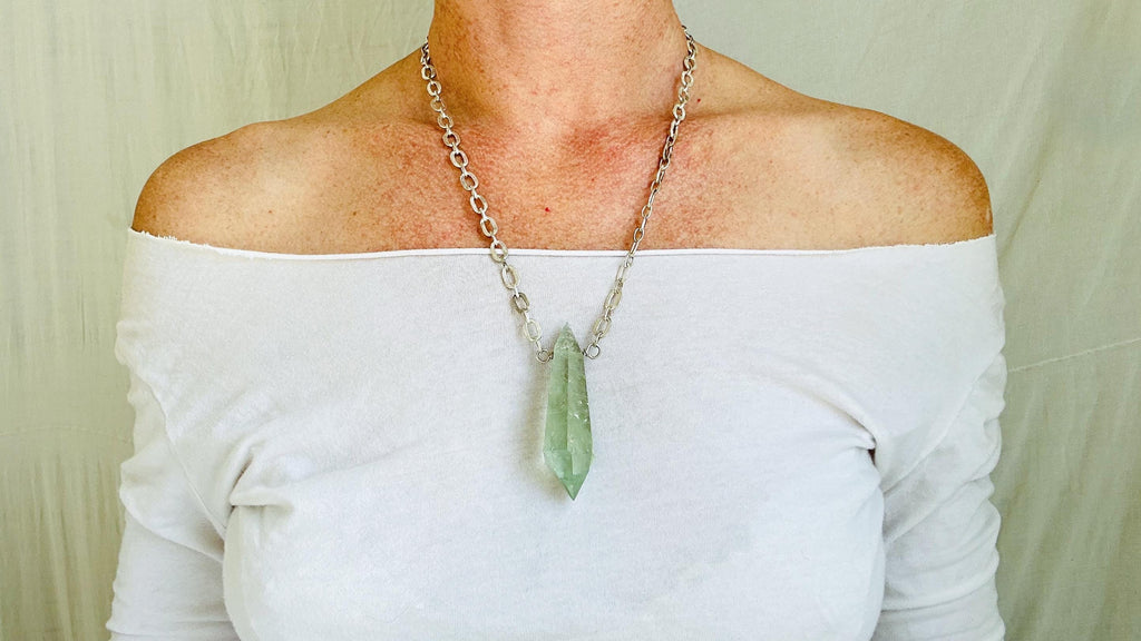 Natural Green Quartz Crystal Pendant Necklace. Sterling Silver. Atelier Aadya. Medicine Necklace. 2249