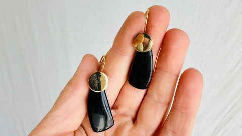 Obsidian and Gold Earrings. Gold-Plated Sterling Silver. 2365