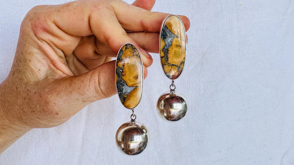 Maligano Jasper Earrings with Squash Blossoms. Sterling Silver. 2888