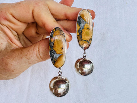 Maligano Jasper Earrings with Squash Blossoms. Sterling Silver. 2888
