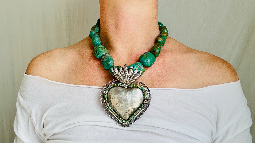 Turquoise Beaded Necklace, Milagro Sacred Heart Pendant. Sterling Silver.