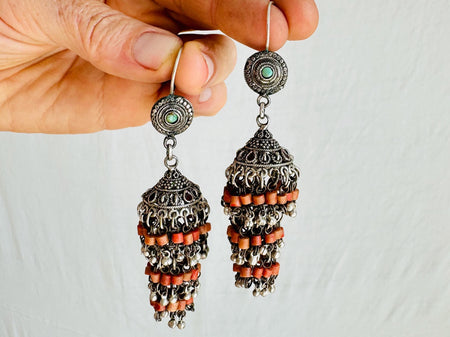 Vintage Uzbek Earrings. Jhumkas with Turquoise and Coral Earrings. Handmade Sterling Silver. 2564
