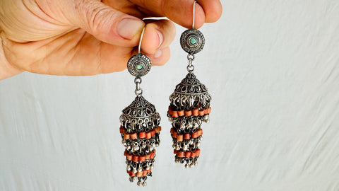 Vintage Uzbek Earrings. Jhumkas with Turquoise and Coral Earrings. Handmade Sterling Silver. 2564