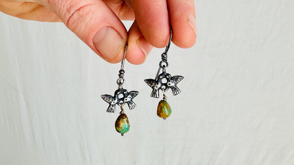 Mexican Love Bird Earrings. Cast Sterling Silver Jewelry from Oaxaca. 2400