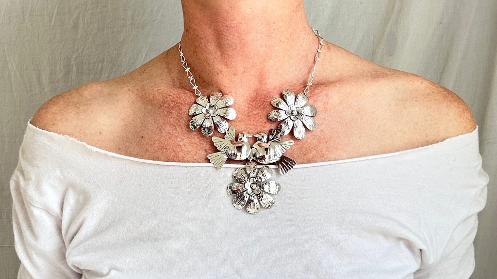 Doves & Flowers Silver Necklace. Taxco. Stunning! 1339