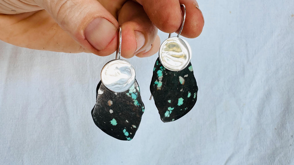 Turquoise & Silver Earrings. Handmade Sterling Silver Jewelry. Natural Hubei Stone. S/N