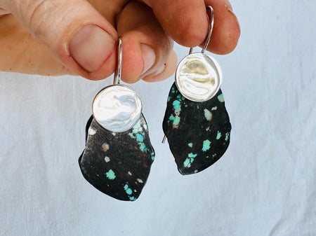 Turquoise & Silver Earrings. Handmade Sterling Silver Jewelry. Natural Hubei Stone. S/N
