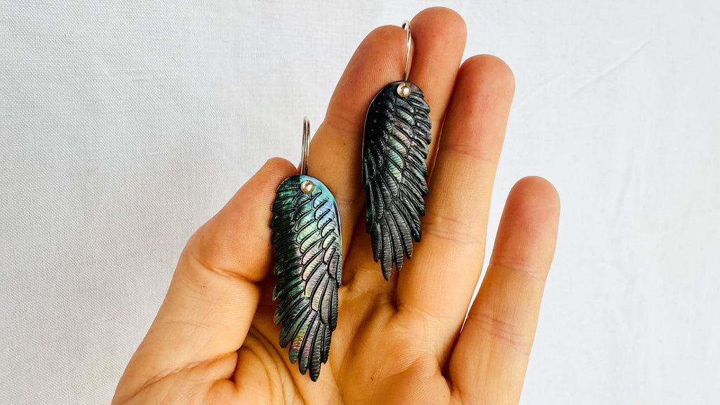 Carved Black Wings Earrings. Exquisitely Crafted Clam Shell and Sterling Silver Jewelry. Atelier Aadya. 2734