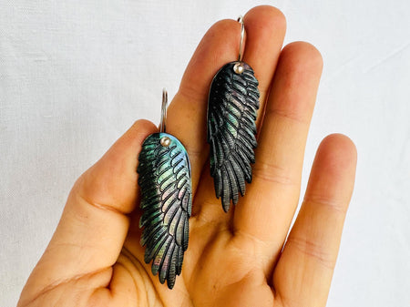 Carved Black Wings Earrings. Exquisitely Crafted Clam Shell and Sterling Silver Jewelry. Atelier Aadya. 2734