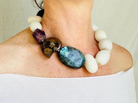 Ammonite & White Jade Necklace with Labradorite and Fluorite. Medicine Necklace.