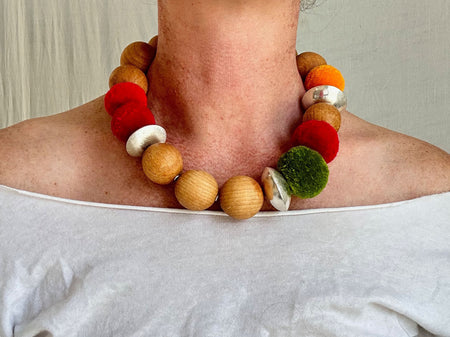 Wood, Pompom & Silver Necklace. Sterling Silver. 1184