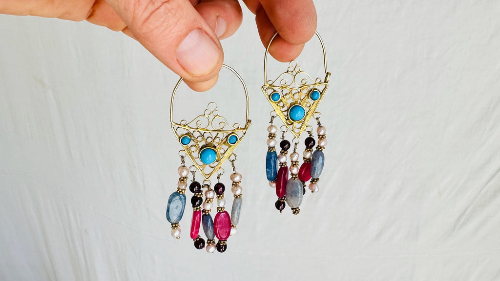 Vintage Uzbek Filigree Earrings. Vermeil. Bukhari. Pearls & Semi-Precious Stones. 0224