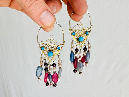 Vintage Uzbek Filigree Earrings. Vermeil. Bukhari. Pearls & Semi-Precious Stones. 0224