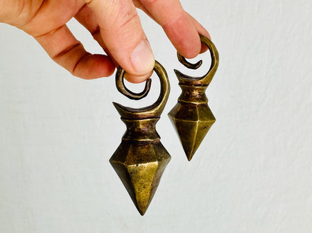 Antique Dayak Brass Tribal Earrings. Borneo. Gauged Ear Weights. Ear Pendants 4289