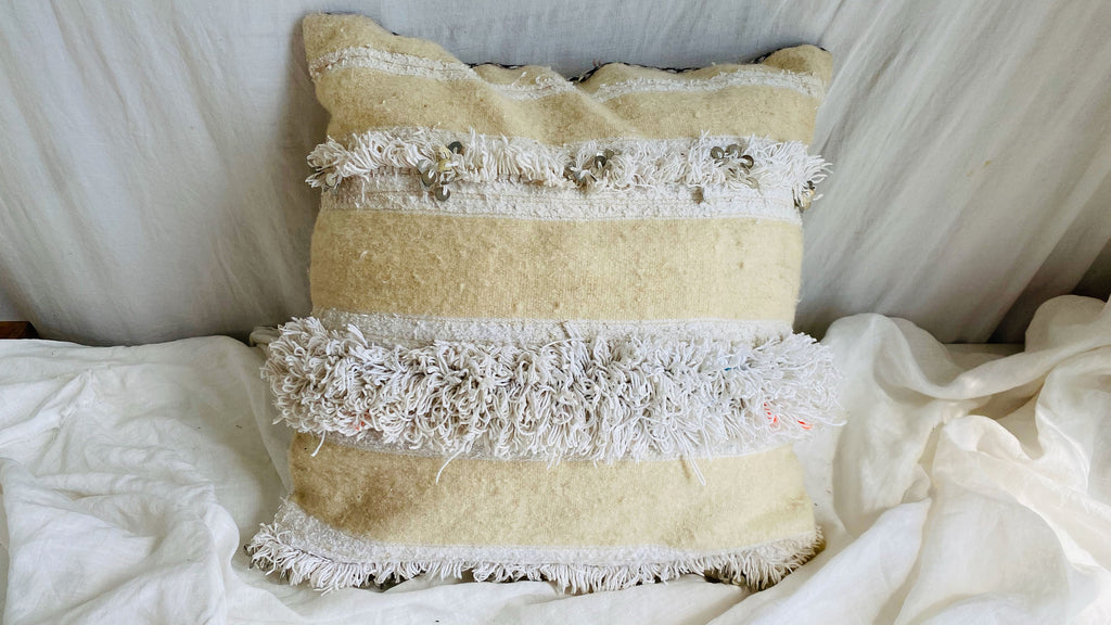 Vintage Moroccan Wedding Blanket Pillow. Handira. Wool and Cotton.