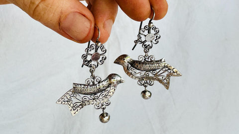 Oaxacan Filigree Bird Earrings. Sterling Silver. Mexico. Frida Kahlo. BI-3