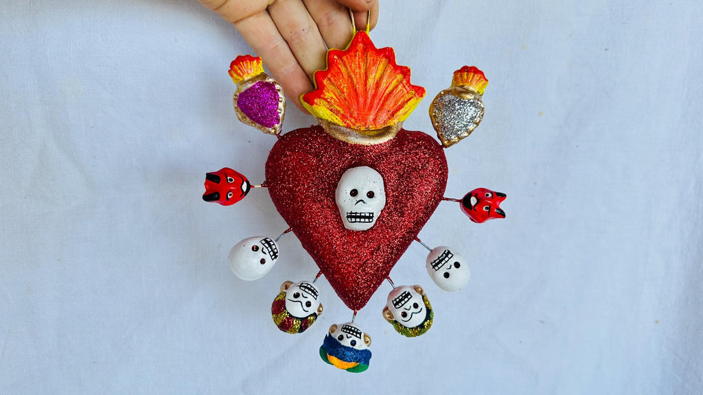 Mexican Sacred Heart Decor with Skulls. Oaxaca, Mexico. Corazon Sagrado. Dia de los Muertos