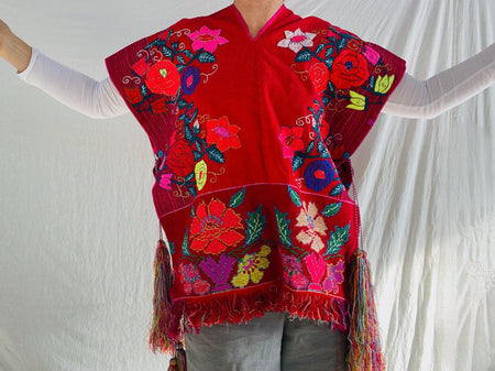 Vintage Zinacantan Men's Poncho Tassels . Mayan. Chiapas Mexico. Hand-Woven & Embroidered. Rare